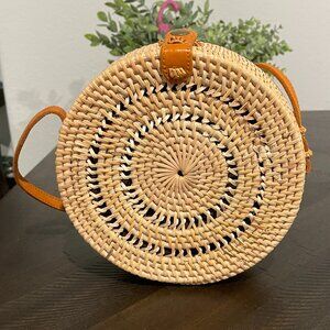 Street Level Woven Rattan Circle Basket Crossbody Purse